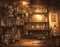 Alchemist lab. A strange and creepy cabinet of curiosities filled with lots of bottles and glass jars. CG Artwork