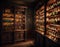 Alchemist lab. A strange room of curiosities filled with lots of bottles and glass jars. CG Artwork Background. AI