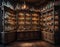 Alchemist lab. A strange room of curiosities filled with lots of bottles and glass jars. CG Artwork Background. AI