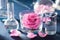 Alchemy and aromatherapy with rose flowers and chemical flasks