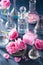 Alchemy and aromatherapy with rose flowers and chemical flasks