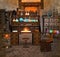 Alchemy room with vials and wizard desk