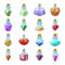 Alchemy witch magic beverage elixir potion poison antidote glass bottle icons set isolated cartoon game design vector