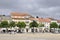 Alcobaca, 20th July: Panorama of Praca 25Abril from Downtown of Alcobaca in Portugal