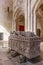 Alcobaca, Portugal - July 17, 2017: Gothic Tomb of Queen Ines de Castro with recumbent effigy and angels. Monastery of Santa Maria