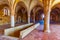 ALCOBACA, PORTUGAL, MAY 28, 2019: View of an arcade inside of the Alcobaca monastery in Portugal