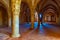 ALCOBACA, PORTUGAL, MAY 28, 2019: View of an arcade inside of the Alcobaca monastery in Portugal