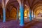 ALCOBACA, PORTUGAL, MAY 28, 2019: View of an arcade inside of the Alcobaca monastery in Portugal