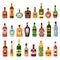 Alcohol bottles. Alcoholic liquor drink bottle with vodka, cognac and liqueur. Whisky, rum or brandy liquors isolated flat icons