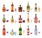 Alcohol bottles and glasses. Alcoholic bottle with cider, vermouth in glass or liqueur shot and wineglasses isolated