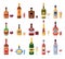 Alcohol bottles and glasses. Alcoholic bottle with cider, vermouth in glass or liqueur shot and wineglasses isolated icons vector