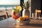 Alcohol coctail with fruits on summer beach