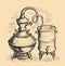 Alcohol distillation process. Fermentation, distillation, aging and bottling alcohol drink. Vintage vector illustration