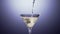 Alcohol drink is poured into tall martini glass. Slow motion