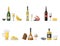 Alcohol drinks beverages cocktail appetizer bottle lager container drunk different snacks glasses vector illustration.