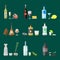 Alcohol drinks beverages cocktail appetizer bottle lager container drunk different snacks glasses vector illustration.