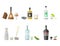 Alcohol drinks beverages cocktail appetizer bottle lager container drunk different snacks glasses vector illustration.