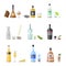 Alcohol drinks beverages cocktail appetizer bottle lager container drunk different snacks glasses vector illustration.