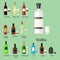 Alcohol drinks beverages cocktail bottle lager container drunk different glasses vector illustration.