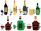 Alcohol drinks, bottle and special glasses pairs collection vector illustration