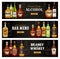 Alcohol drinks bottles, bar menu banners