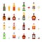 Alcohol drinks in bottles cocktail glasses whiskey cognac brandy beer champagne wine vector collection