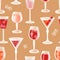 Alcohol drinks seamless pattern. Transparent wine glasses