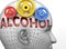 Alcohol and human mind - pictured as word Alcohol inside a head to symbolize relation between Alcohol and the human psyche, 3d