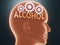 Alcohol inside human mind - pictured as word Alcohol inside a head with cogwheels to symbolize that Alcohol is what people may