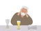 Alcohol intoxication. Mature elderly man sitting at table, on table are beer glasses. Alcoholic man with drinks. Senior