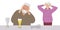 Alcohol intoxication. Mature elderly man sitting at table, on table are beer glasses. Woman experiences confusion