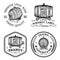 Alcohol logos.Wooden barrels set with drinks signs of cognac,brandy,whiskey,wine,beer.Labels, badges with sketched kegs.