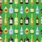 Alcohol seamless background with wine and cocktail bottles and glasses vector illustration. Beverage restaurant drink