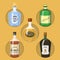 Alcohol strong drinks in bottles cartoon glasses whiskey cognac brandy wine vector illustration