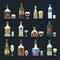 Alcohol strong drinks in bottles cocktail glasses whiskey cognac brandy beer champagne wine vector illustration