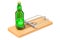 Alcohol Trap concept. Beer bottle in the mousetrap, 3D rendering