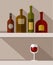 Alcoholic beverages bottles, red wine glass, coloured illustrations.