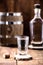 Alcoholic beverages, cachaÃ§a, rum, rum and cognac. Selection of strong and strong alcoholic drinks, glasses. Vodka, brandy,