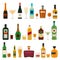 Alcoholic bottles and glasses. Alcohol cocktail drinks, champagne, beer, brandy and martini, gin and cognac. Bar menu