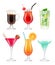 Alcoholic cocktails. Glasses with drinks tropical fruits decorated blue margarita vodka martini vector realistic