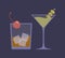 Alcoholic cocktails: martini with olives and old fashioned with ice and maraschino in flat style on purple background, vector