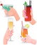 Alcoholic cocktails, tropical drinks. Hands holding champagne, bloody mary, martini and lemonade