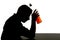 Alcoholic drunk man holding whiskey bottle into addiction problem silhouette