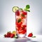 Alcoholic mojito cocktail with fresh red strawberries, green mint leaves and lime slices in a transparent glass