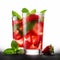 Alcoholic mojito cocktail with fresh red strawberries, green mint leaves and lime slices in a transparent glass