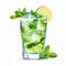 Alcoholic mojito or non-alcoholic nojito drink in glass with lime, mint and ice cubes. Generative AI
