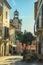 Alcudia, Mallorca, Spain - March 22 2018: Evening view of Clock Tower and street in Alcudia