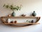 Alder Wood Floating Shelf with Oval Frames and a Geometric Vase - AI Generated