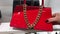 ALDO Bright red shoes and purse are on a shelf on a purse large gold chain is sold on shelves Guildford Town Center Shoe