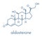 Aldosterone mineralocorticoid hormone, produced by the adrenal gland. Skeletal formula.